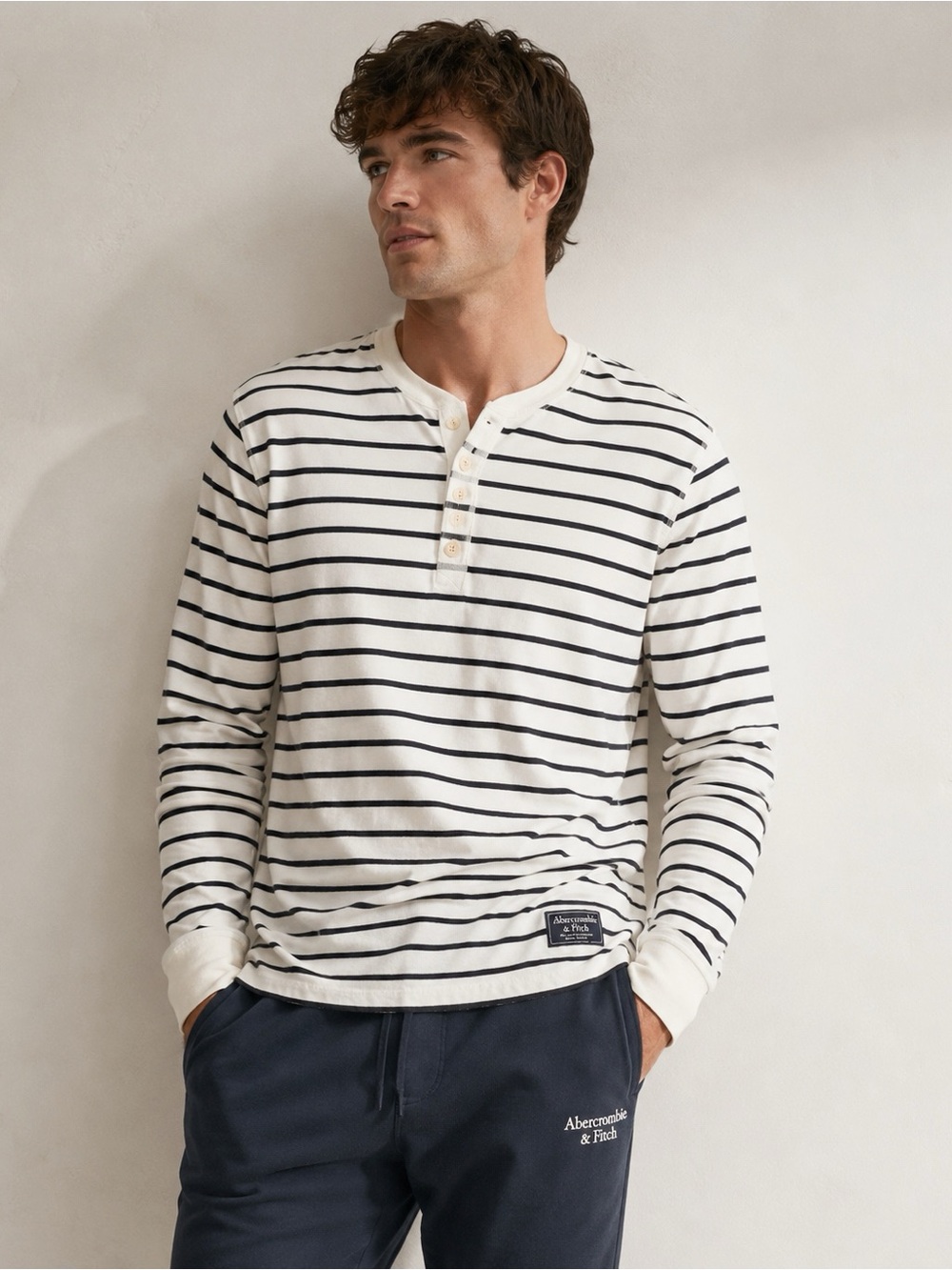 Abercrombie & Fitch Men Blue Stripe Henley Long Sleeve Cotton Shirt SMALL Preppy